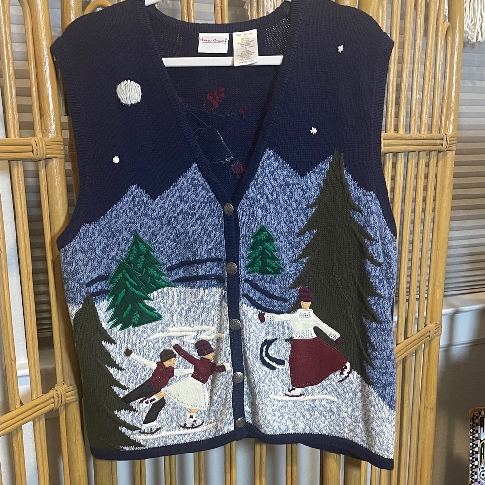 Bobbie Brooks Blue Knit Vest with Christmas ice skate scene